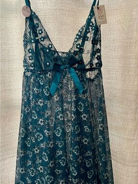 Spree Intimates Teal Floral Lace Sheer Babydoll Chemise